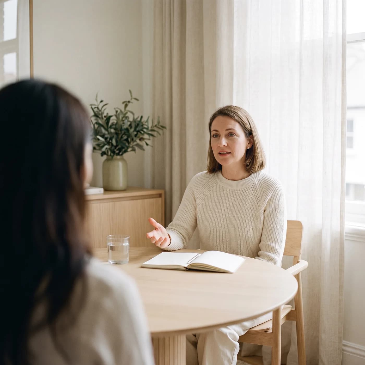 A physician in conversation with a client across a table